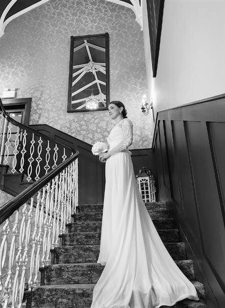 bride stairs bw