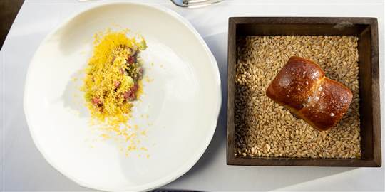 Chopped beef, smoked oil, mustard emulsi