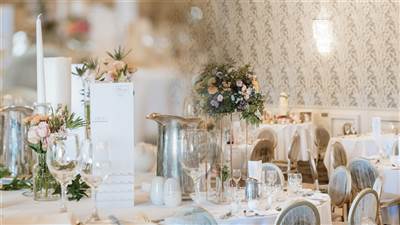 Beautifully decorated wedding ballroom ready for a celebration